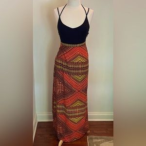 Hurley Black Atztec Print Spaghetti Straps V-Neck Stretch Long Sundress Size S